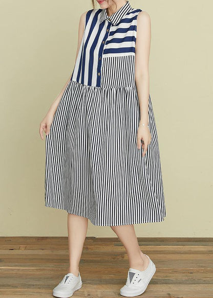 Diy Blue Striped Robes Lapel Sleeveless Kaftan Summer Dress