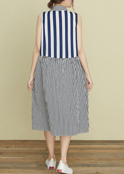 Diy Blue Striped Robes Lapel Sleeveless Kaftan Summer Dress