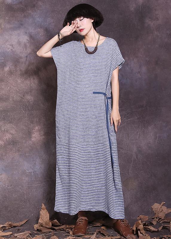 Diy Blue Striped Cotton Linen Robes Tie Waist Maxi Summer Dress