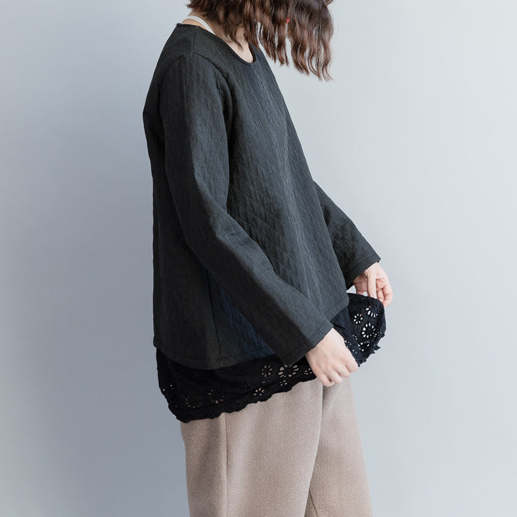 Diy Cotton Clothes for Fine O Neck Hollow Out Runway Black Oversized Tops