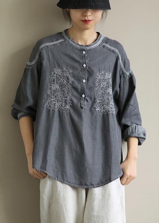 DIY dark gray Shirts o neck embroidery daily shirt