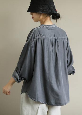 DIY dark gray Shirts o neck embroidery daily shirt