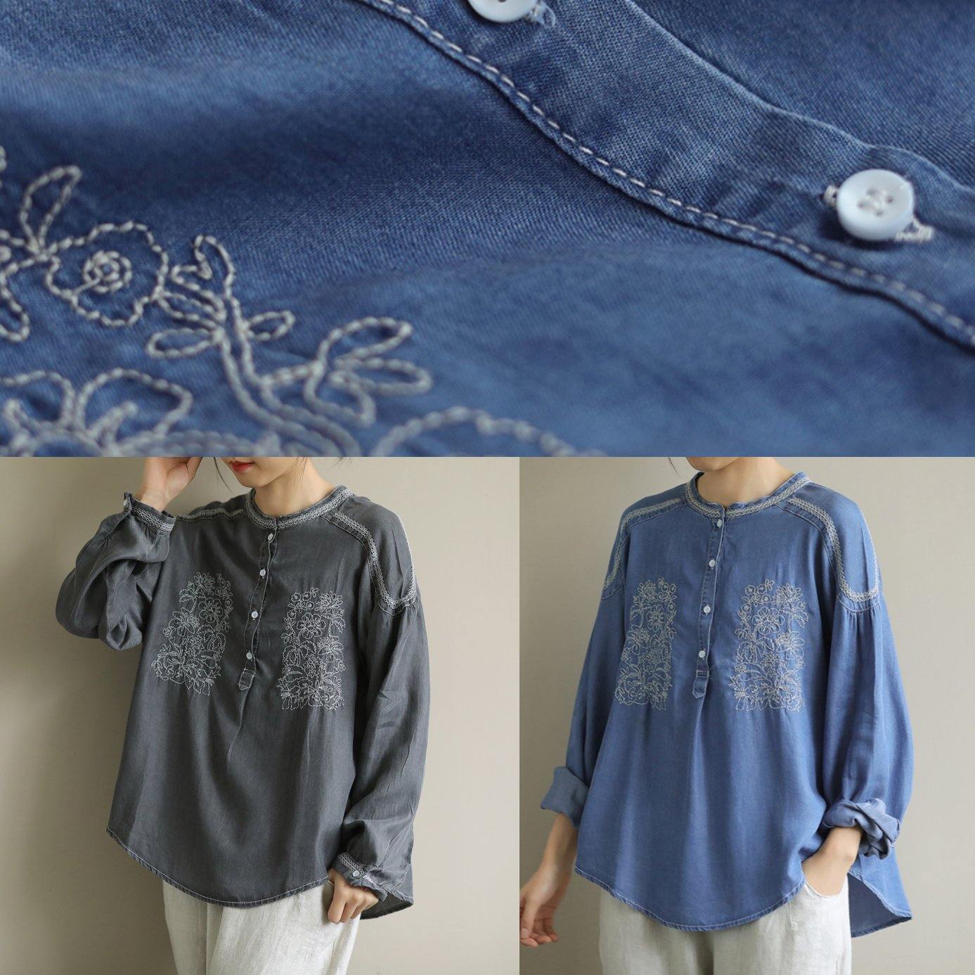 DIY dark gray Shirts o neck embroidery daily shirt