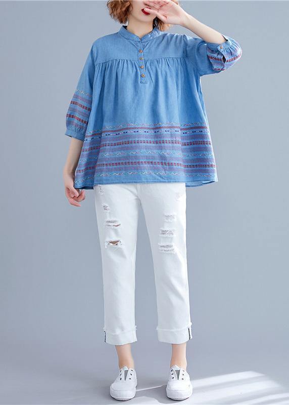Diy Denim Blue Cotton Shirts Stand Collar Embroidery Summer Blouse