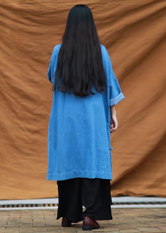 Diy Denim Blue Quilting Dresses Stand Collar Patchwork Maxi Dresses