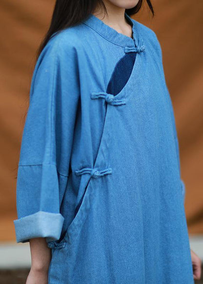 Diy Denim Blue Quilting Dresses Stand Collar Patchwork Maxi Dresses