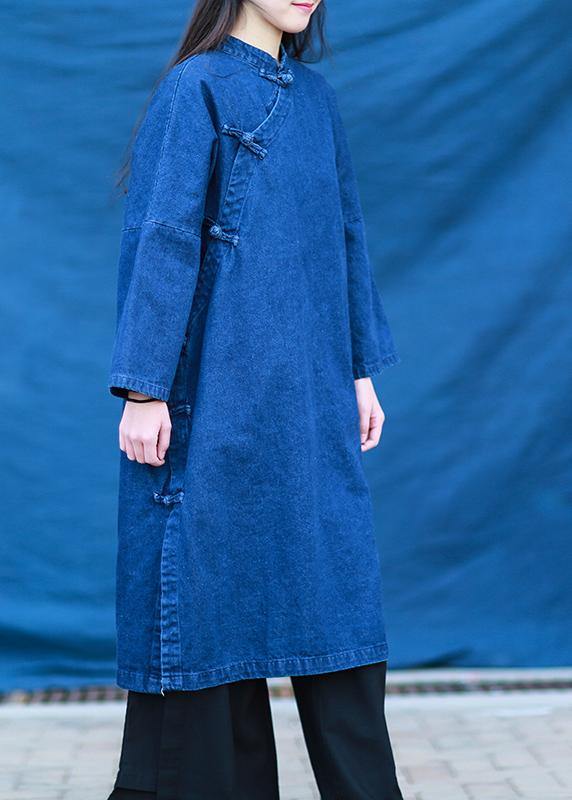 Diy Denim Dark Blue Quilting Dresses Stand Collar Baggy Dresses
