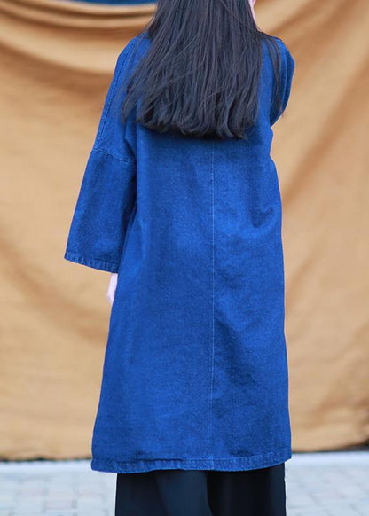 Diy Denim Dark Blue Quilting Dresses Stand Collar Baggy Dresses
