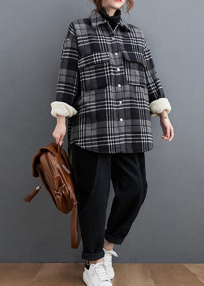 DIY gray plaid clothes lapel pockets baggy shirts