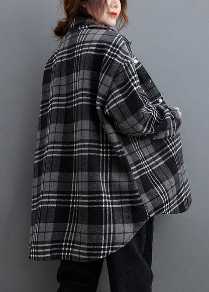 DIY gray plaid clothes lapel pockets baggy shirts