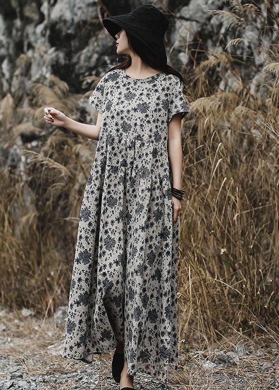 Diy Gray Prints Linen Clothes for O Neck Maxi Summer Dress
