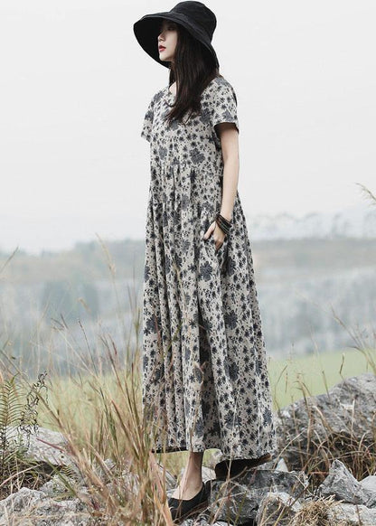 Diy Gray Prints Linen Clothes for O Neck Maxi Summer Dress