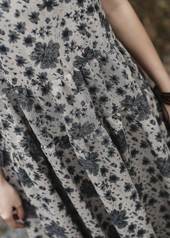 Diy Gray Prints Linen Clothes for O Neck Maxi Summer Dress