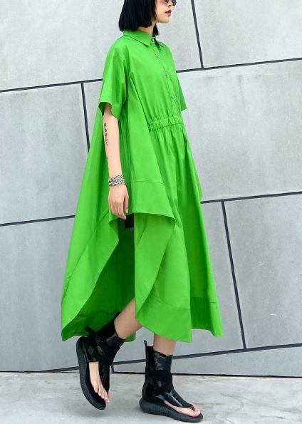 Diy Blue Geometry Cotton Clothes Lapel Asymmetric Kaftan Dress