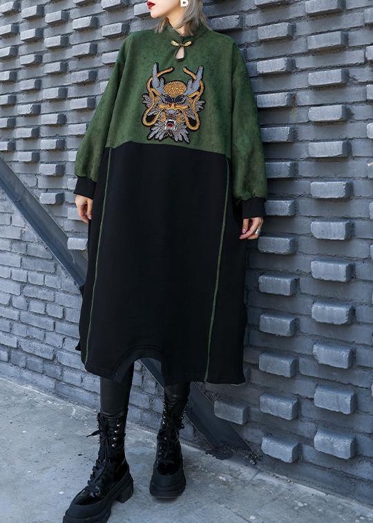 Diy Green Patchwork Black Quilting Clothes Embroidery a Line Dress
