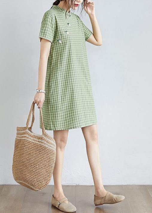Diy Green Plaid Cotton Clothes Stand Collar Pockets Oversized Dress