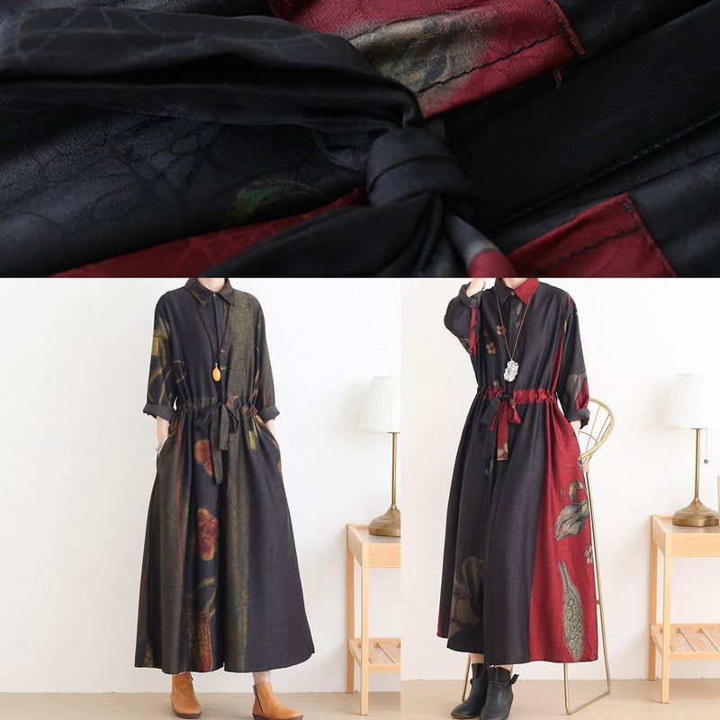 Diy Green Print Dresses Lapel Drawstring Art Dress