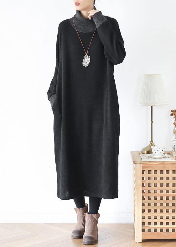 Diy High Neck Patchwork Tunics Inspiration Black Loose Dresses