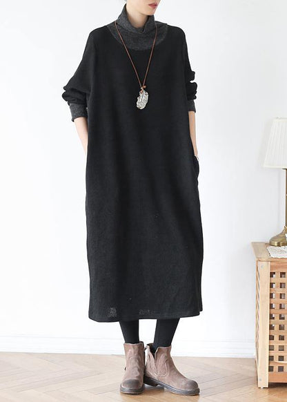 Diy High Neck Patchwork Tunics Inspiration Black Loose Dresses