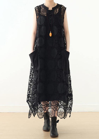 Diy Hollow Out Cotton Long Shirts Runway Black Sleeveless Art Dress Summer