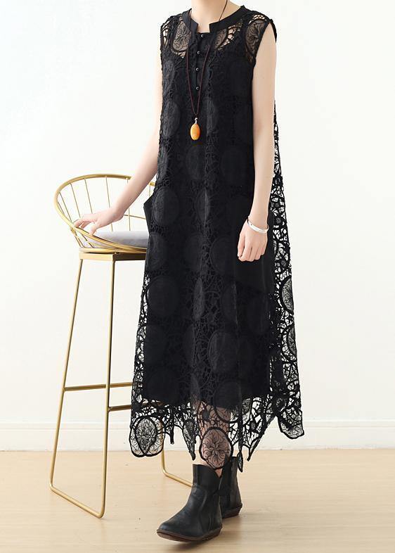 Diy Hollow Out Cotton Long Shirts Runway Black Sleeveless Art Dress Summer
