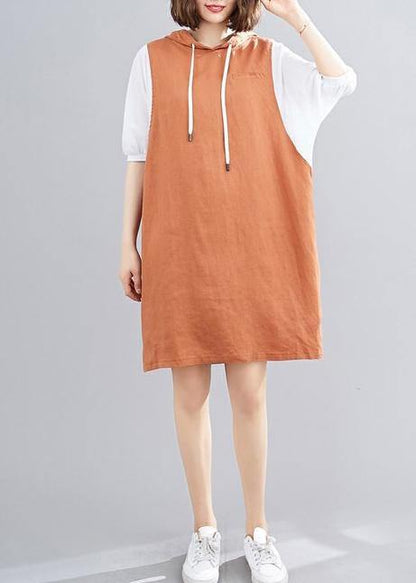 Diy Hooded Batwing Sleeve Linen Cotton Dress Linen Orange Dresses