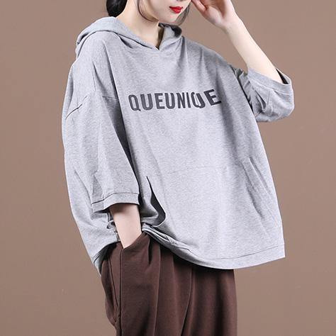 Diy Hooded Half Sleeve Shirts Sewing Light Gray Letter Tops