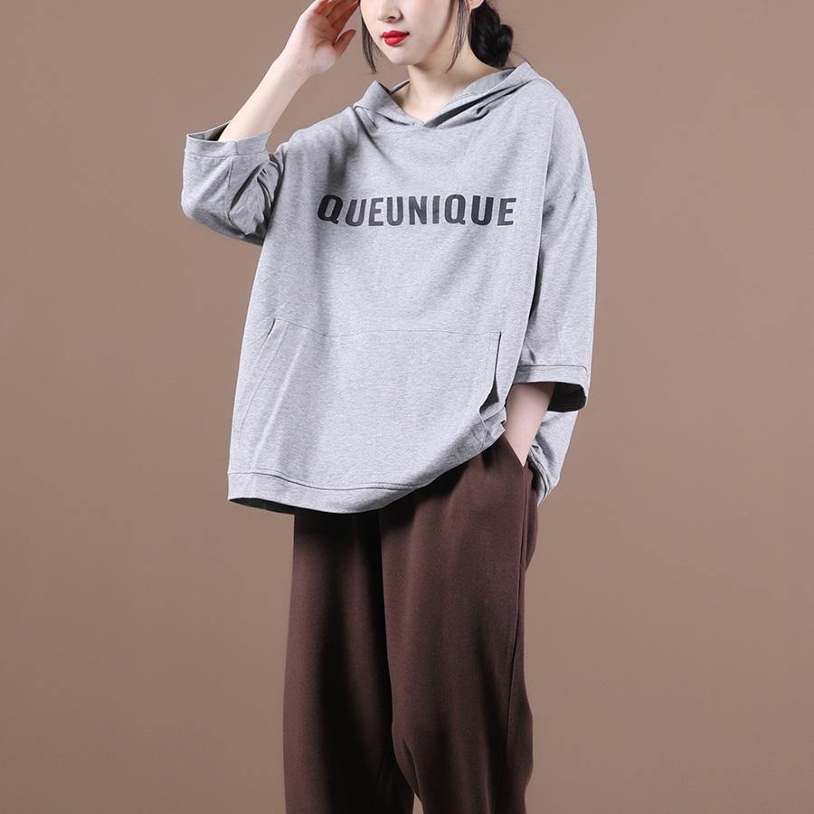 DIY hooded half sleeve shirts women Sewing light gray Letter tops