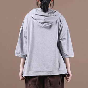 Diy Hooded Half Sleeve Shirts Sewing Light Gray Letter Tops