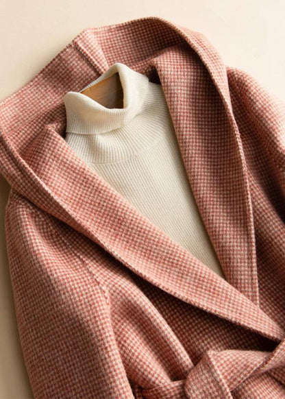 Diy Hooded Tie Waist Woolen Coats Red Plaid Tunic Outwear