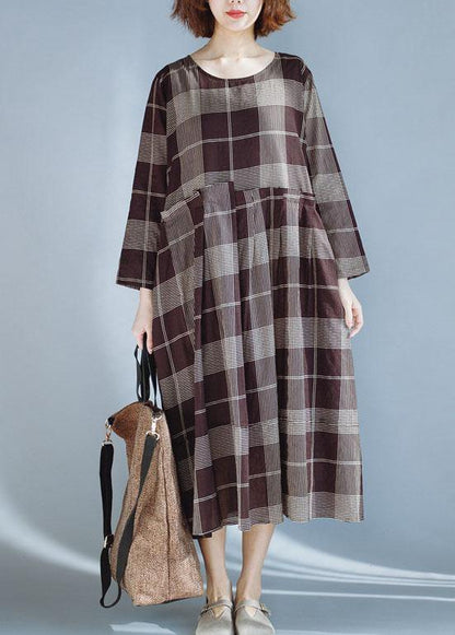 Diy Khaki Plaid Cotton Quilting Dresses Patchwork Robe Summer Dress