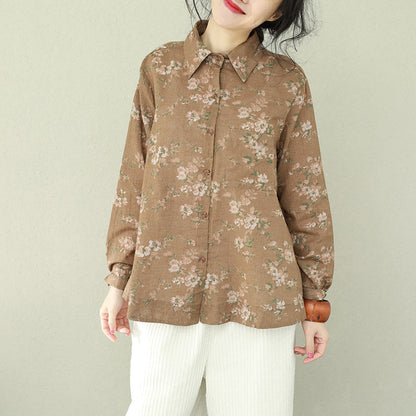 DIY khaki print linen blouses for women plus size Cotton lapel Button Down oversized blouses