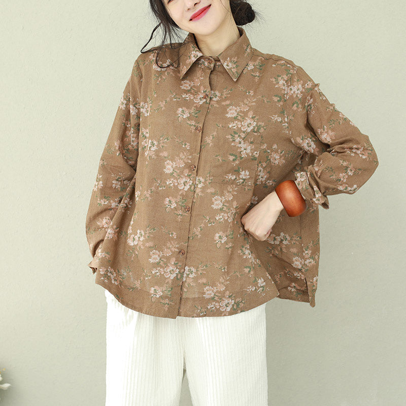 Diy Khaki Print Linen Blouses for Cotton Lapel Button Down Oversized Blouses