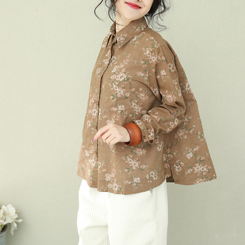 Diy Khaki Print Linen Blouses for Cotton Lapel Button Down Oversized Blouses