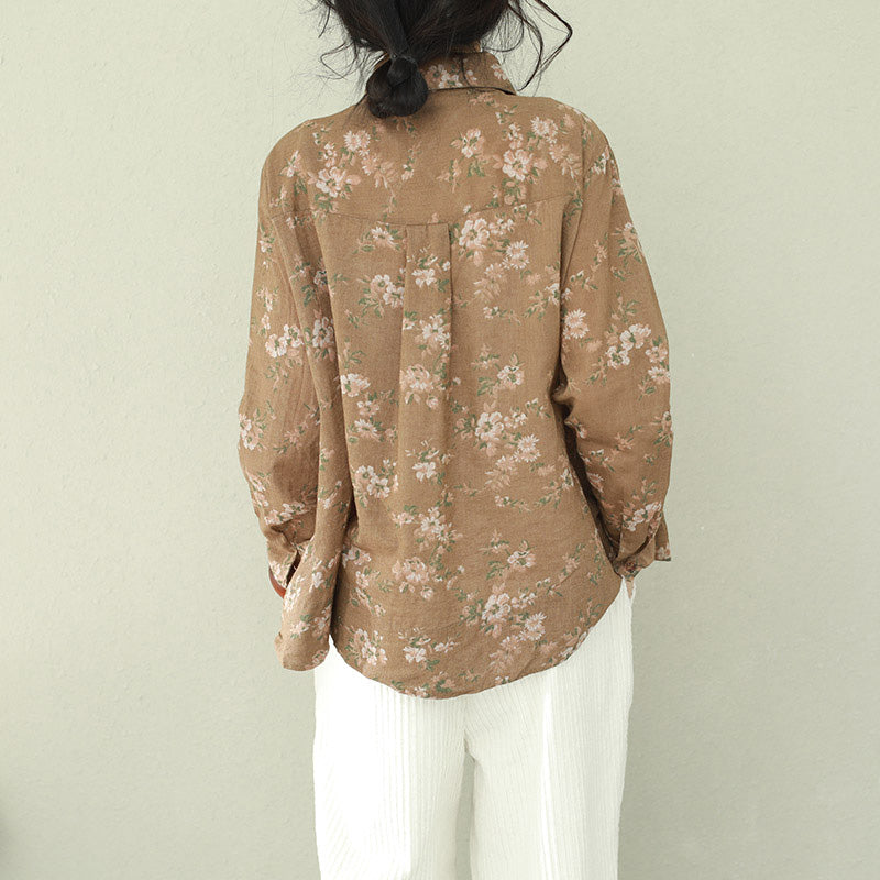 Diy Khaki Print Linen Blouses for Cotton Lapel Button Down Oversized Blouses