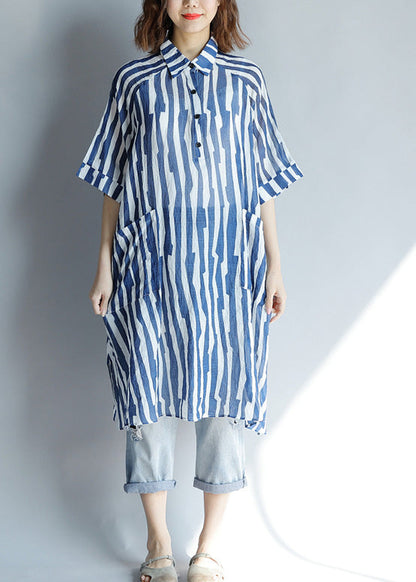 Diy Lapel Pockets Cotton Tunic Fitted Sleeve Blue Striped a Line Dresses Summer