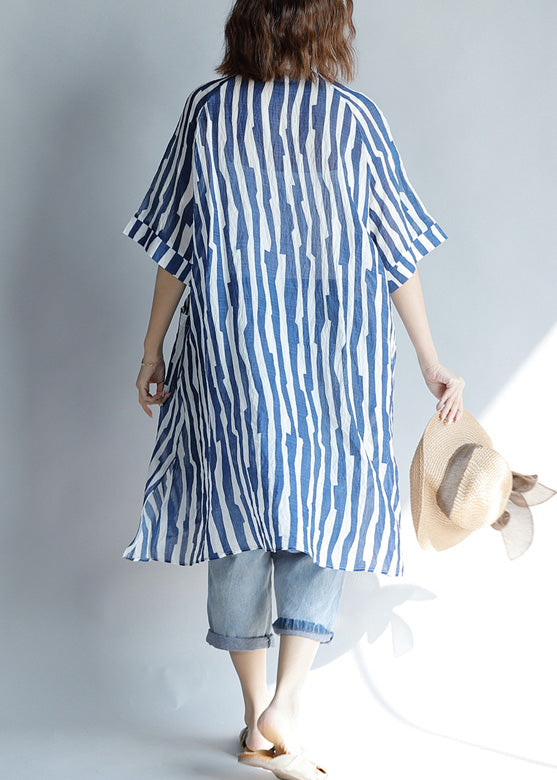 Diy Lapel Pockets Cotton Tunic Fitted Sleeve Blue Striped a Line Dresses Summer