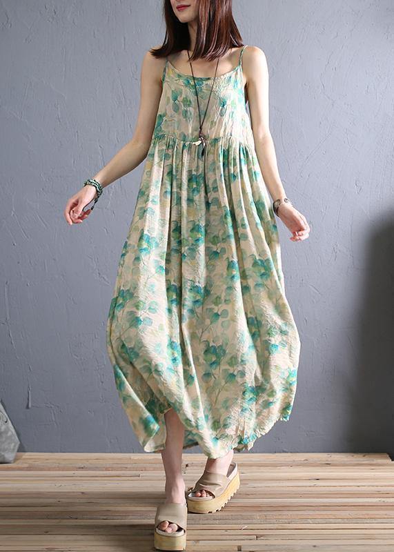 Diy Light Green Print Cotton Dress Spaghetti Strap Robe Summer Dresses