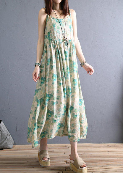 Diy Light Green Print Cotton Dress Spaghetti Strap Robe Summer Dresses