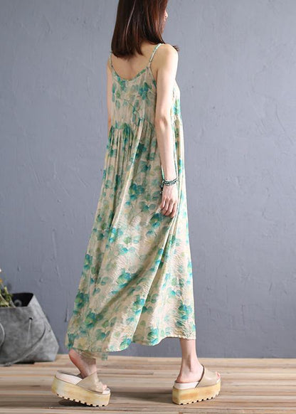 Diy Light Green Print Cotton Dress Spaghetti Strap Robe Summer Dresses