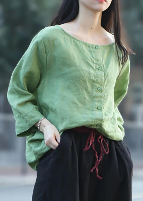 Diy Linen Green Tunic Top Boutique Color Single Breasted Reversible Blouse