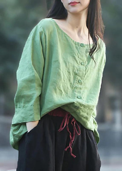 Diy Linen Green Tunic Top Boutique Color Single Breasted Reversible Blouse