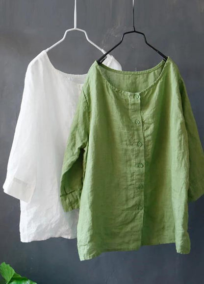 Diy Linen Green Tunic Top Boutique Color Single Breasted Reversible Blouse