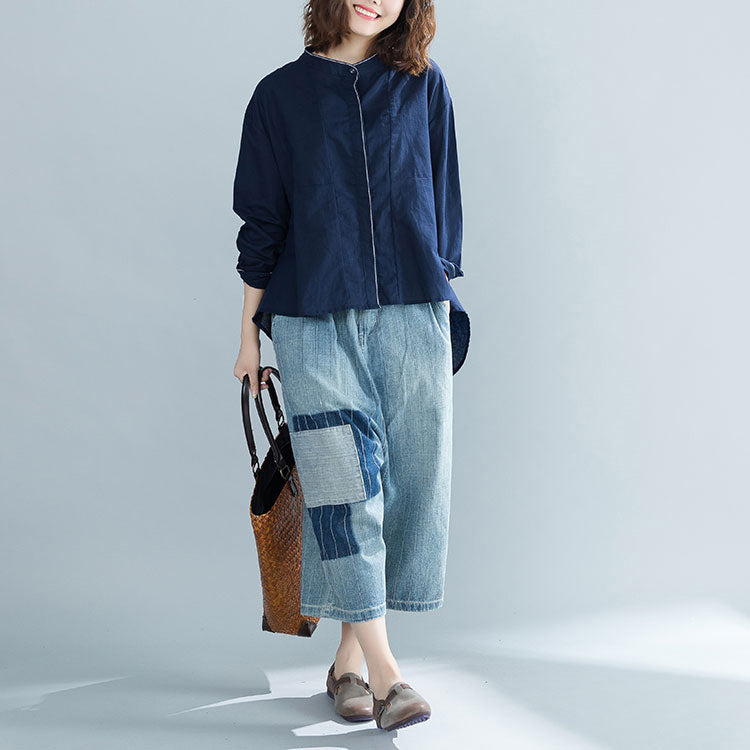 Diy Navy Cotton Clothes for Boutique Fabrics Stand Collar Oversized Tops