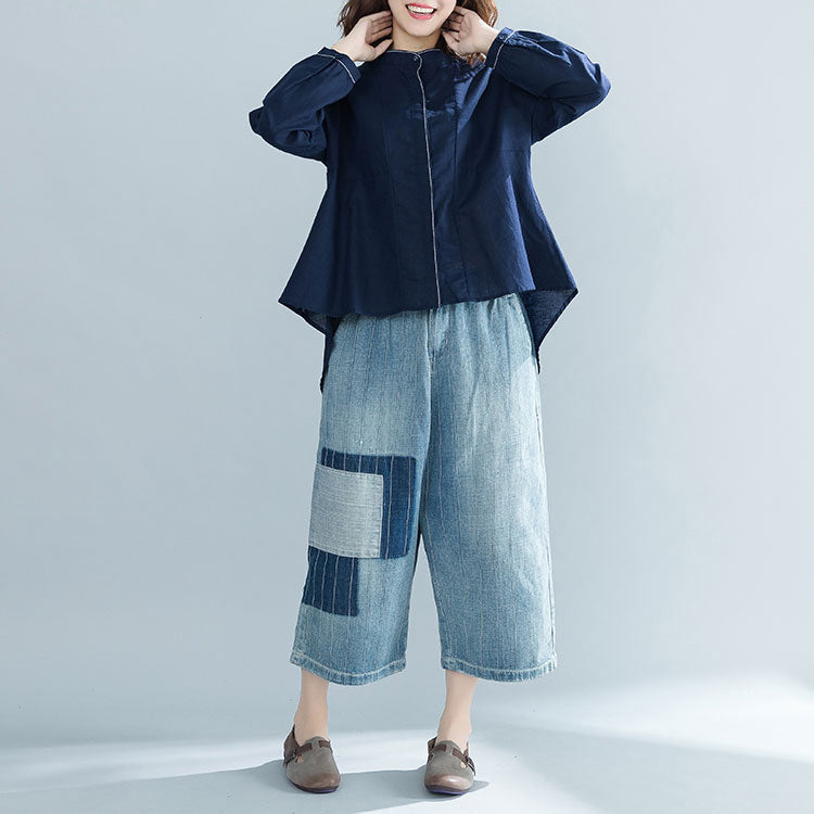 Diy Navy Cotton Clothes for Boutique Fabrics Stand Collar Oversized Tops