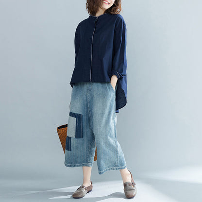 DIY navy cotton clothes For Women boutique Fabrics stand collar oversized tops