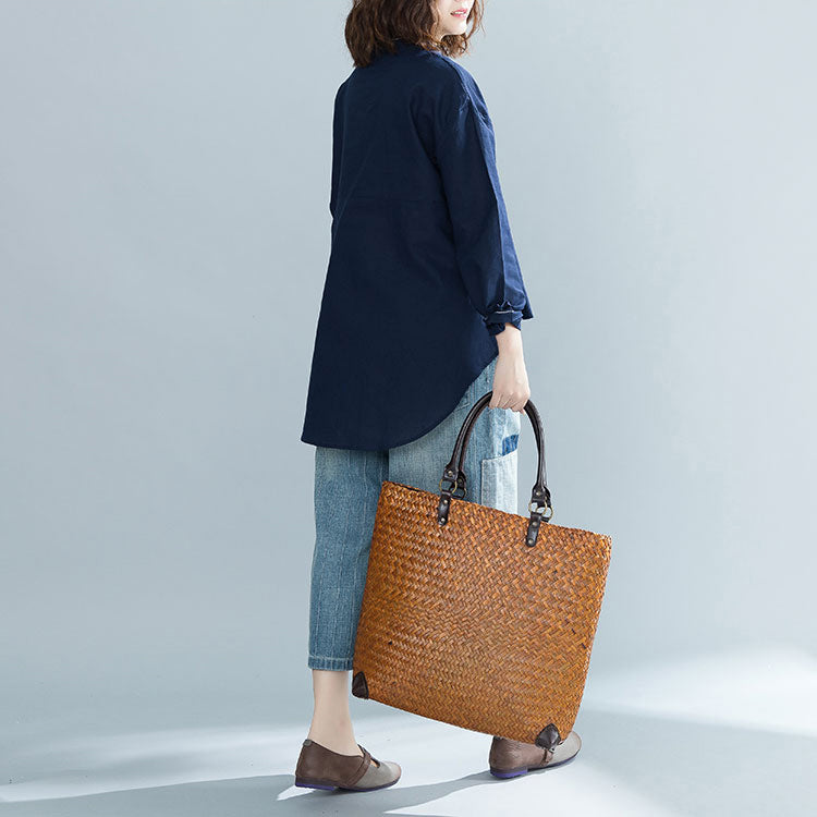 Diy Navy Cotton Clothes for Boutique Fabrics Stand Collar Oversized Tops