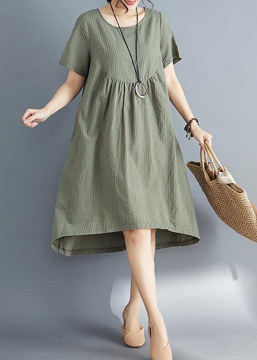 Diy O Neck Asymmetric Cotton Clothes Catwalk Army Green Striped Midi Dress Summer