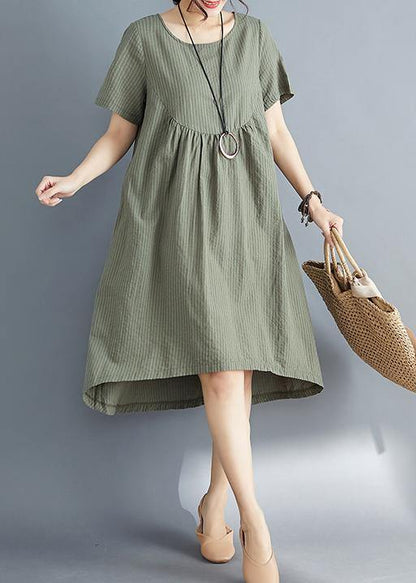 Diy O Neck Asymmetric Cotton Clothes Catwalk Army Green Striped Midi Dress Summer