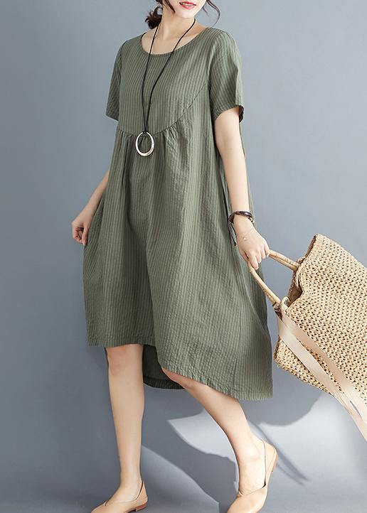 Diy O Neck Asymmetric Cotton Clothes Catwalk Army Green Striped Midi Dress Summer